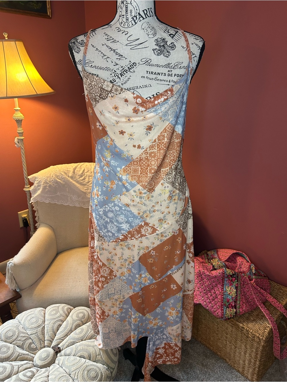 SHEIN Patchwork Floral Slip Midi Dress in Rust & Light Blue